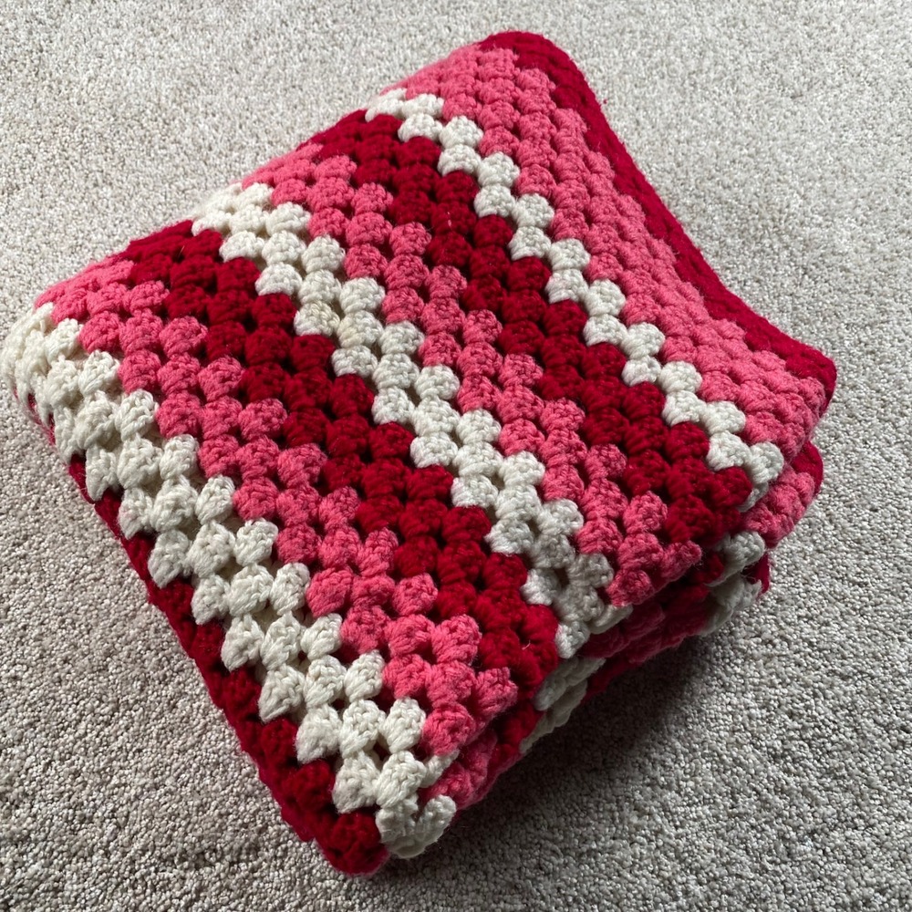 Vintage Handmade Crochet Granny Square Blanket Red Pink Cream Retro Throw 47x47"